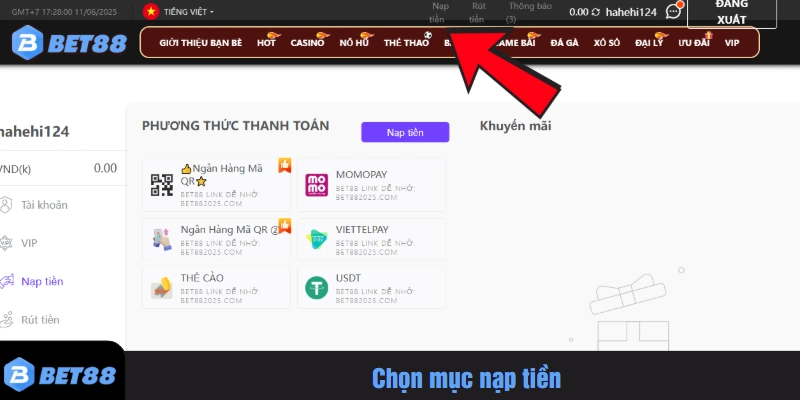 Chọn mục nạp tiền Bet88