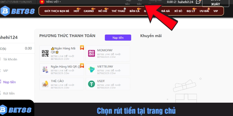 Chọn rút tiền tại trang chủ