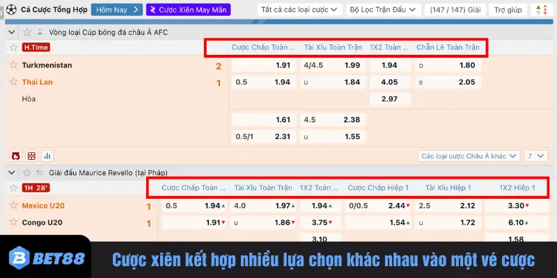Cược xiên kết hợp nhiều lựa chọn khác nhau vào một vé cược