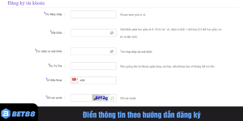 Điền thông tin theo hướng dẫn đăng ký