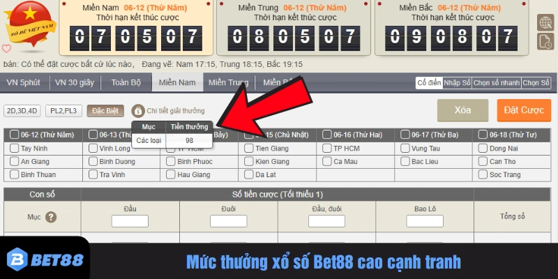 Mức thưởng xổ số Bet88 cao cạnh tranh