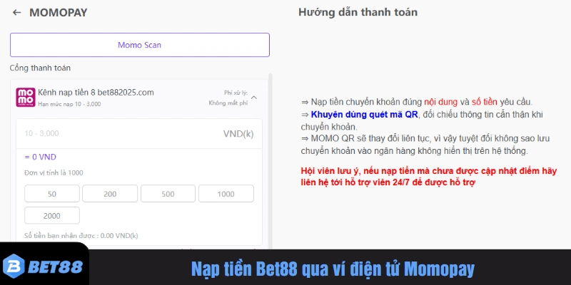 Nạp tiền Bet88 qua ví điện tử Momopay