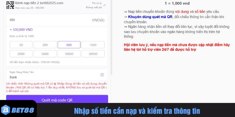 Nhập số tiền cần nạp và kiểm tra thông tin