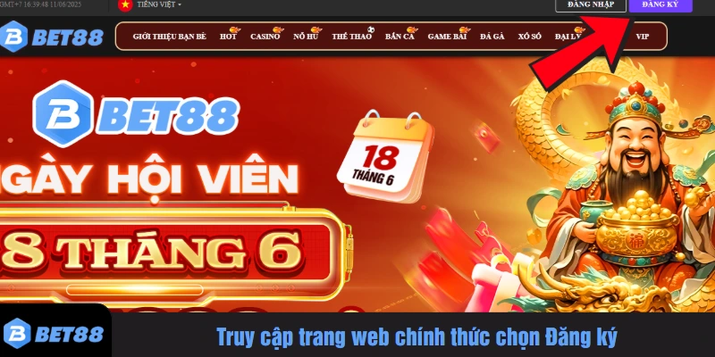 Truy cập trang web chính thức chọn Đăng ký bet88